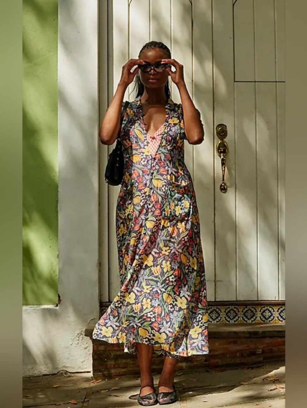 Free People Floral Lemon Print V-Neck Flip Collar Midi Dress M